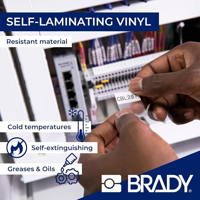 Brady Authentic (M4-102-427) Self-Laminating Vinyl Wrap Around Labels 1.25" H x 0.5" W Black on White, Clear, 200 Labels. for use with the BMP41, BMP51, and M511 Label Printers