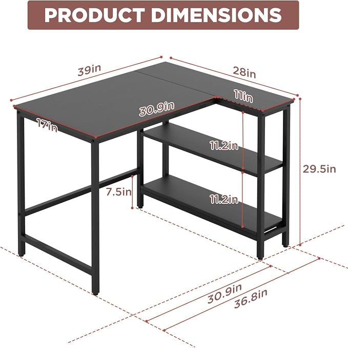 FDW L-Shaped Gaming Desk 39 Inch Computer Desk Corner Desks with Reversible Side Storage Shelves Study Desk Metal Frame PC Work Table for Home Office Dorm Sturdy Writing Workstation, Black