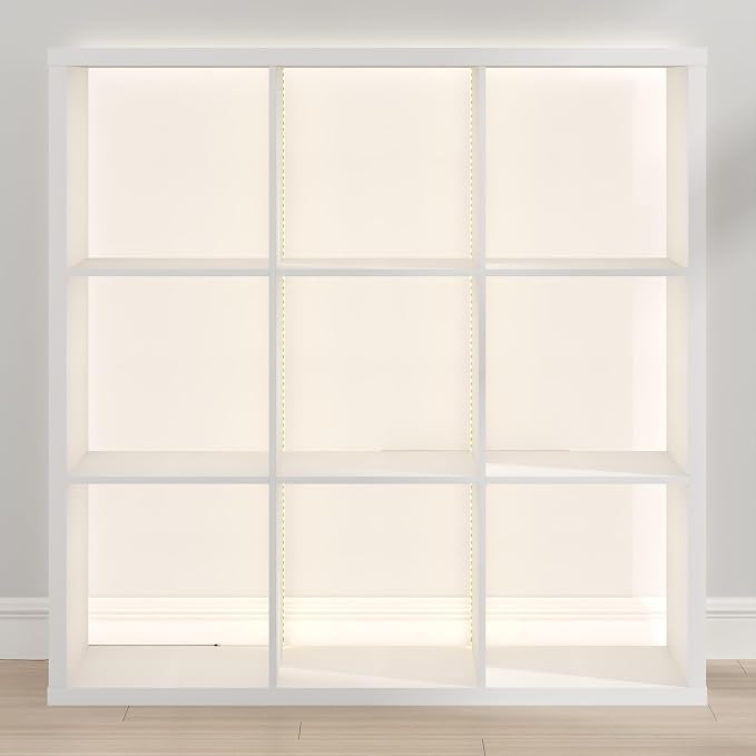 Furinno Cubicle Book Shelf with LED Lights, 9-Cube Bookshelf, Reversible Extra Thick Frame Bookcase, Display Storage Shelves, for Living Room, Bedroom, Home Office, White