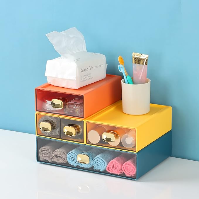 Desktop Storage Drawers, Stackable Countertop Organizer with Drawers | Cyan, 4 Small Drawers for Office Supplies, Makeup Organizer, Home Improvement, Desk Organization, Teacher Toolbox