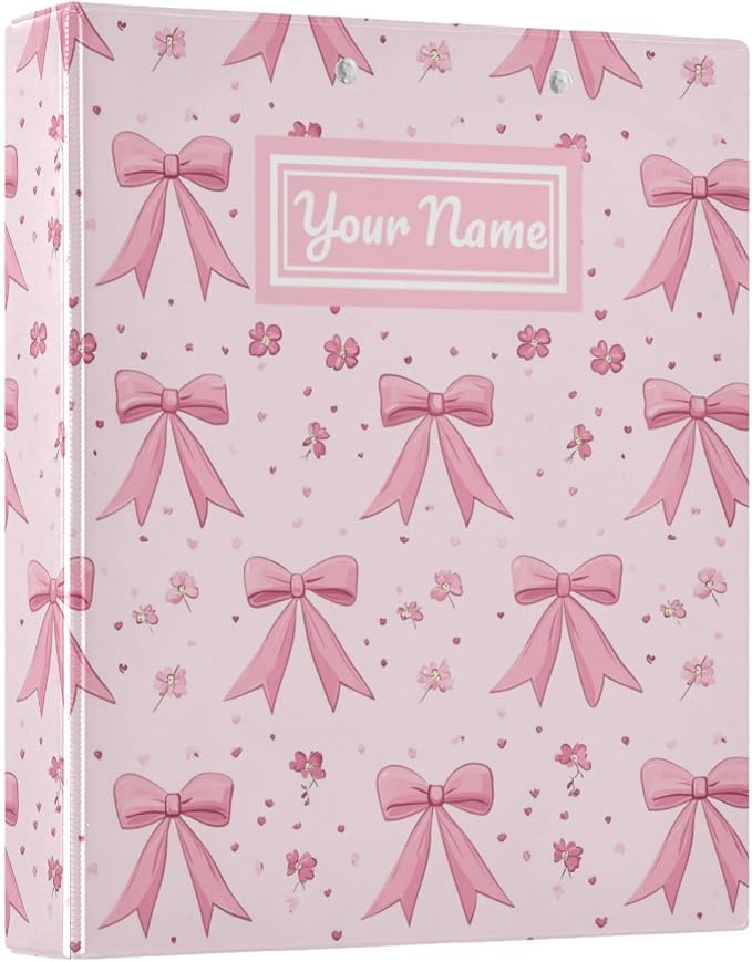 Custom Ribbon Bows Flowers Pink Personalized 3 Round Ring Binders | 1.5 Inch Binder with Clipboard, PVC Pockets, Work Organizer, Holds 200 Sheets for School Office 1 Pack