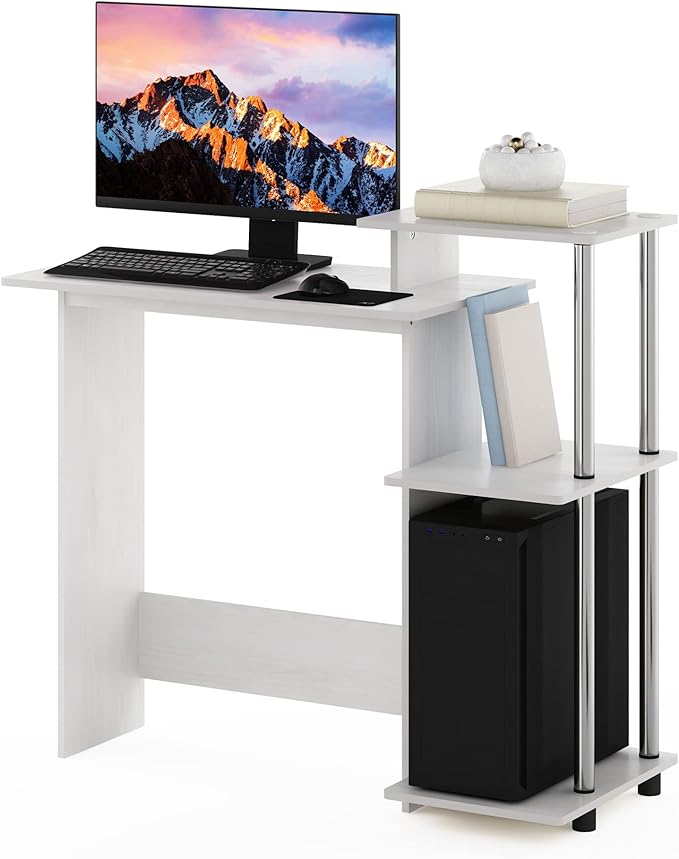 Furinno EFFICIENT Desk, 28.6" Wide Gaming Desk with 3 Open Side Shelves, Laptop Notebook Computer Desk, Office Desk for Home Office, Study Room, Dorm, Bedroom, White Oak/Stainless Steel