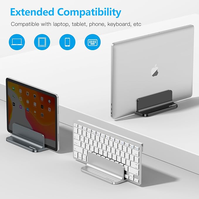 OMOTON Vertical Laptop Stand Holder, Adjustable Dock for MacBook, Gray | Aluminum Stand for MacBook Stand, Fits Chromebook & Gaming Laptops up to 17.3 in, Office Desk Organization, Space-Saving
