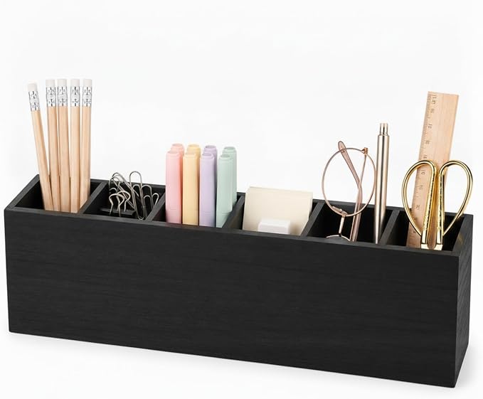 Jetec Wooden Pencil Pen Holder for Desk 6 Compartments Cosmetic Makeup Brush Stationery Office Desktop Organizers for Countertop Adjustable Silverware Caddy for Party, Art Supplies, Home Decor(Black)