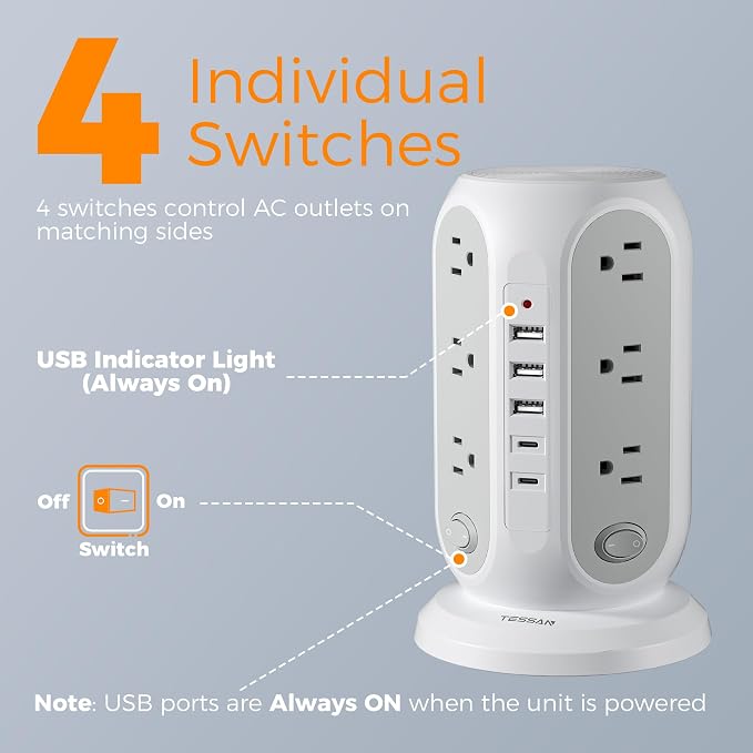 TESSAN Tower Power Strip Surge Protector, Flat Extension Cord 15 Ft, Grey | Individual Switches with 12 Outlets, 5 USB Ports(2 USB C), Flat Plug, Charging Station for Multiple Devices, Office, Dorm