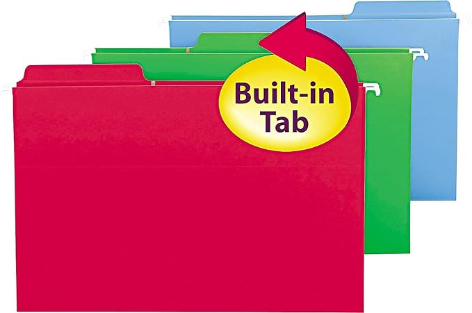 Smead FasTab Hanging File Folder, 1/3-Cut Built-in Tab, Legal Size, Assorted Primary Colors, 18 Count (64153)