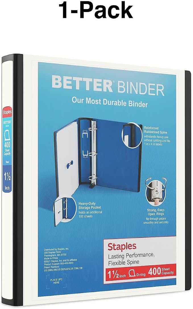 Staples Heavy-Duty 1.5-Inch D-Ring Binder with Pockets & Spine Label | Large-capacity 3-ring binder for school and office document storage.
