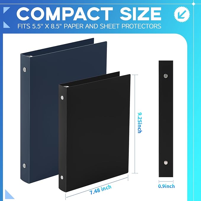 Henoyso 12 Pcs 0.5 Inch Mini 3 Ring Binders Fits 5.5" x 8.5" Paper, Holds(Capacity 140 Sheets), Plastic Flexible Three Round Rings Small Black A5 Binders Bulk for School, Office Use, Photo Album