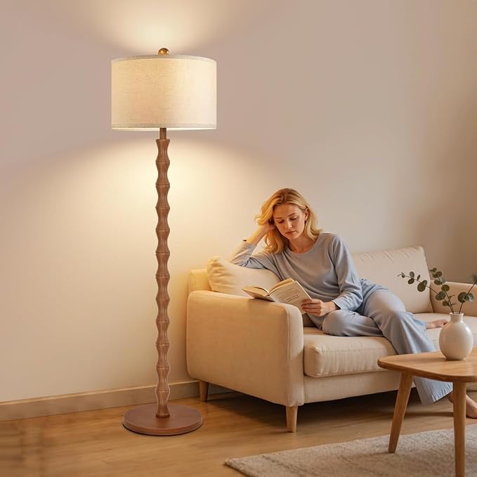 ZECOXOL Wood Floor Lamp with 3 Color Temperatures,Boho Floor Lamp with Remote Control,Dimmable Vintage Floor Lamp Mid Century Modern Standing Lamp Farmhouse Tall Pole Lamp for Living Room Bedroom