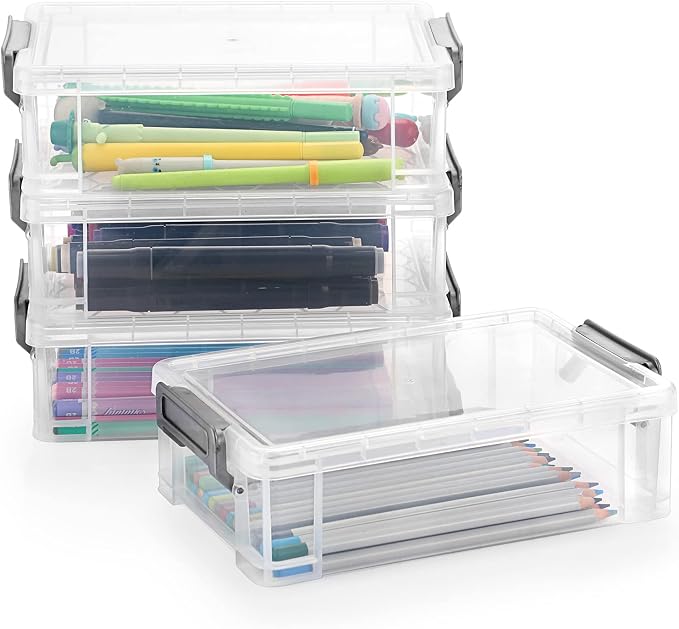 BTSKY 4 Pack Extra Large Plastic Pencil Box Stackable, Translucent, Grey | Clear Pencil Caase Crayon Box Set Marker Organizer Art Supply Storage Organizer for Gel Pens Pencils Erasers Tape Markers etc
