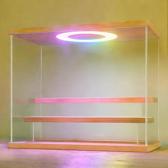 LANSCOERY Acrylic Display Case with RGBW Lights, 3 Tier Wood Finish | 11.8 x 6.3 x 9.4 in case displays small figures on desks or shelves with tiered rows and front access.