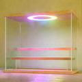 LANSCOERY Acrylic Display Case with RGBW Lights, 3 Tier Wood Finish | 11.8 x 6.3 x 9.4 in case displays small figures on desks or shelves with tiered rows and front access.