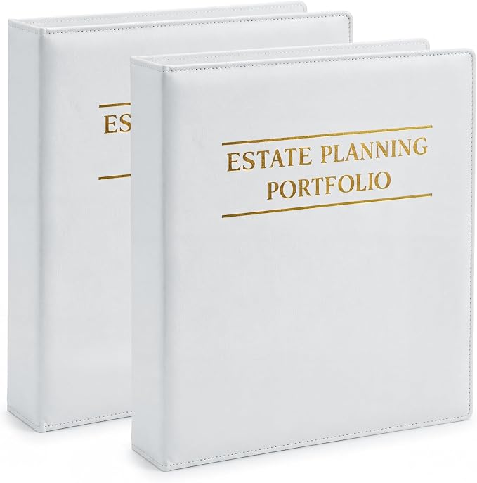Dunzoom 2 Pcs Estate Planning Portfolio Binder PU Leather 3 Ring Binders with Gold Title and Index Tab Dividers, 11'' x 11.8'' x 2.4'' Estate Planning Organizer (White)