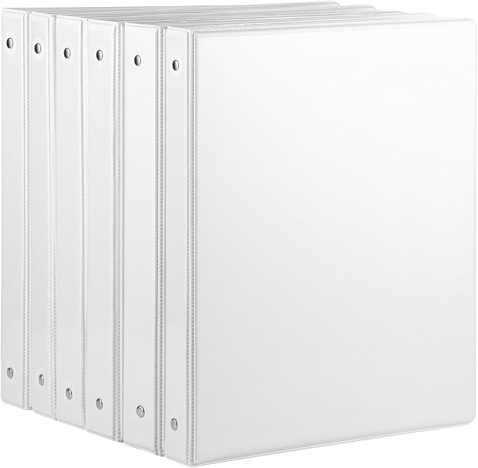 6 Pack 3 Ring Binder, 1 Inch Binder, Round Ring Binders | 2 Interior Pockets & Clear View Overlay, Customizable Cover, Large Capacity, for Office Supplies, School, Home - White