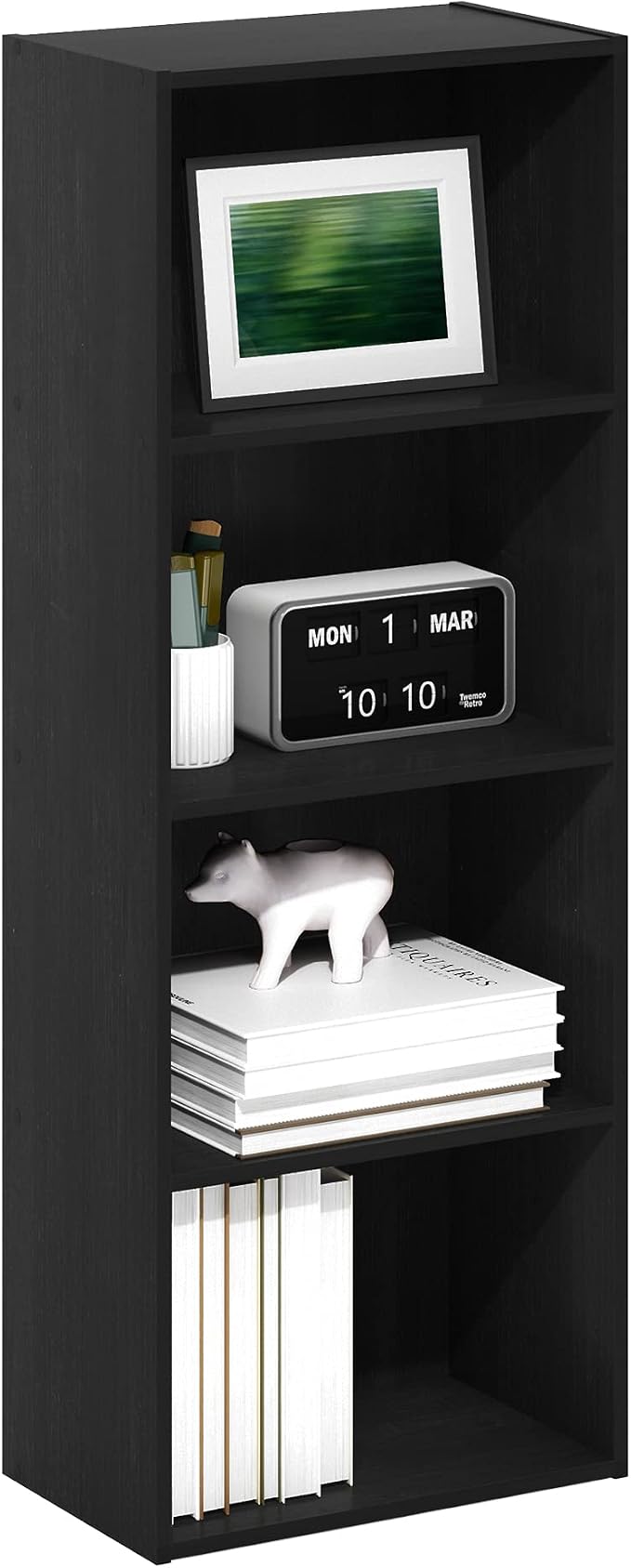 Furinno LUDER 4-Tier Book Shelf, Open Shelves Bookshelf, Blackwood | 9 x 15.6 x 41.7, Closed Back, Modern Bookcase, for Living Room, Bedroom, Home Office