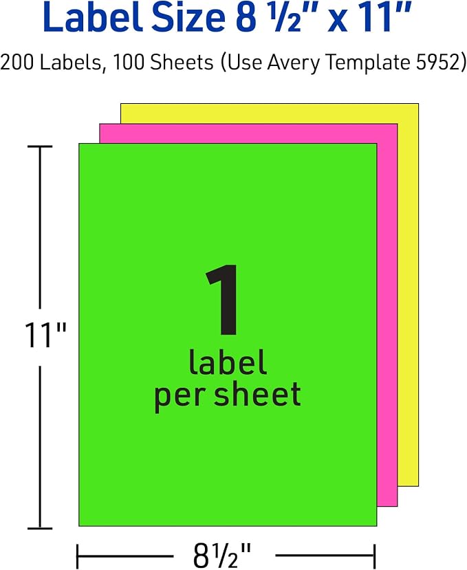 Avery® Printable Shipping Labels, 8-1/2" x 11", Assorted Neon Colors (Magenta, Green, and Yellow), Laser & Inkjet Compatible, 15 Blank Labels Total (5975)