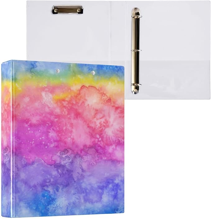 3 Ring Binder Rainbow Watercolor 1.5 Inch Three Ring Binder | Cute Binder with 3 Storage Pockets for Women School Office Supplies