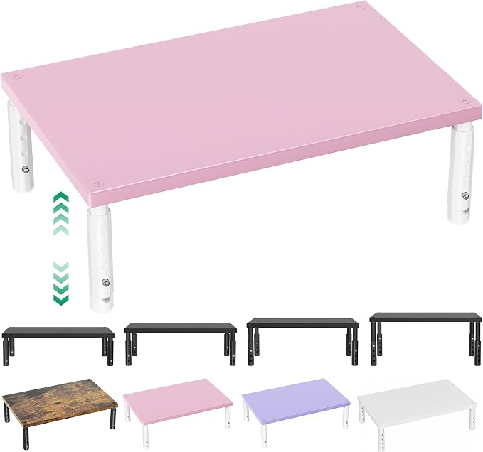 Adjustable Monitor Stand Riser for Desk, Wood Computer & Laptop Stand, Desk Organizers and Accessories, Office Desk Accessories & Workspace Organizer for Home Office Supplies, Pink