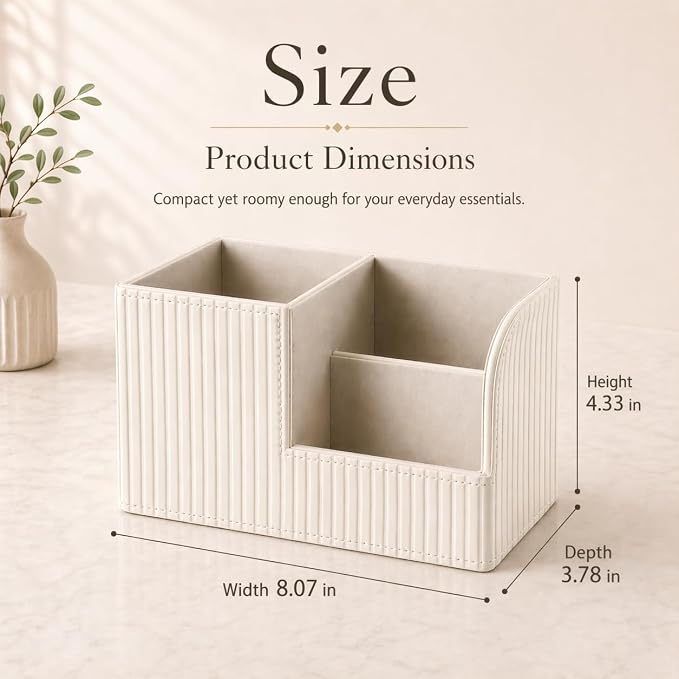 Desk Pen Organizer Office Supplies Caddy Pu Leather Multi-function Storage Box Pen/Pencil,Cell phone, Business Name Cards Remote Control Holder (Ivory White)