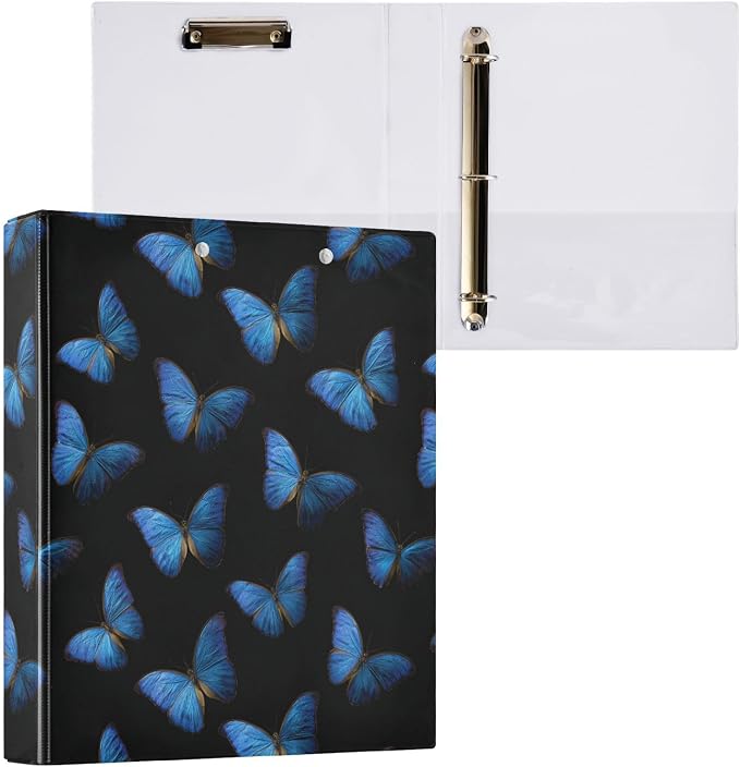 Black and Blue Butterflies Binder 3 Ring 1.5 Inch Binder with Clipboard&Pockets, Hardcover Binders Heavy Duty Large File Folder for Office School Supplies - Holds 200 Sheets
