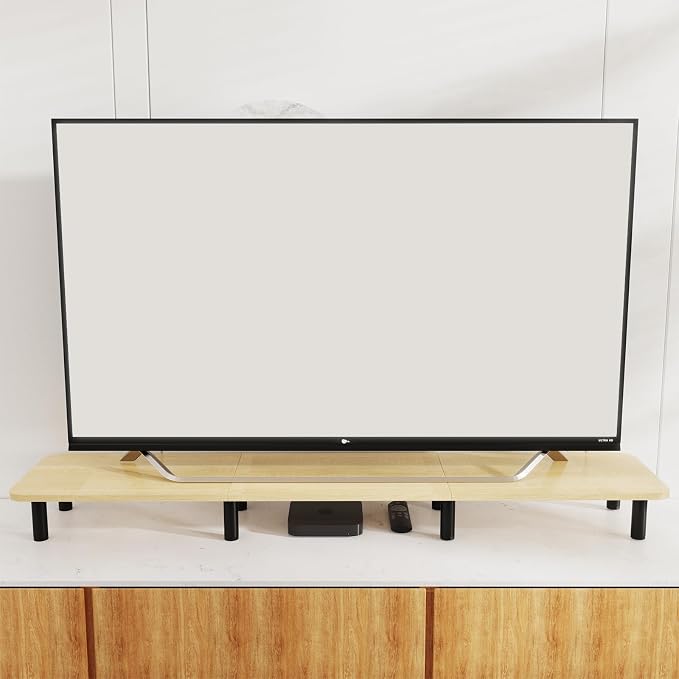 Large Extra Long Monitor Stand Riser 43.7in,Dual Monitor Riser, Wide TV Stand for 2 Monitors, Wood & Steel Leg Adjustable Height Desktop Riser, Home Office Organization. (Natural)