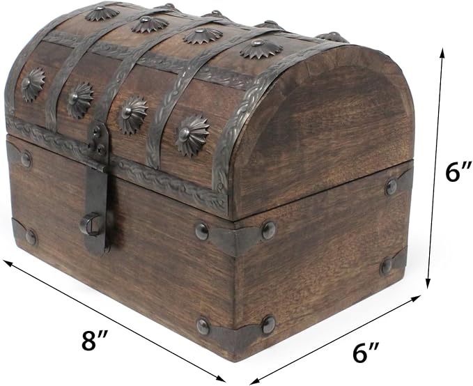 Nautical Cove Treasure Chest Keepsake and Decorative Wood Box (Large 8x6x6) - Storage Box, Wooden Box with Hinged Lid, Rustic Storage, Pirate Storage Box, Vintage Wooden Chest