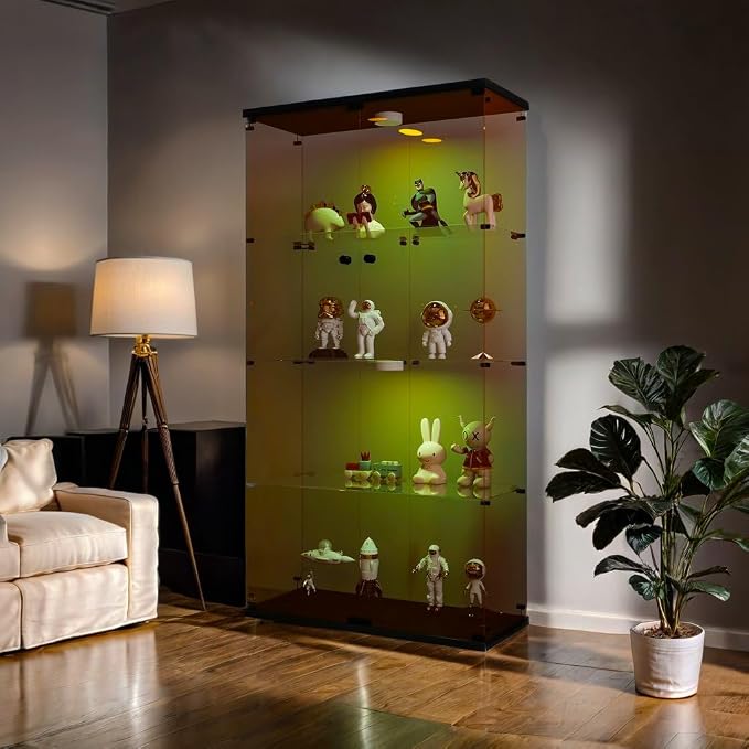 Frameless Glass Display Cabinet, Curio Cabinet Display Case with LED Lights and Lock, 2 Doors Quick-Install Floor Standing Showcase Display Shelf for Collectibles, Legos, Figures, Plants