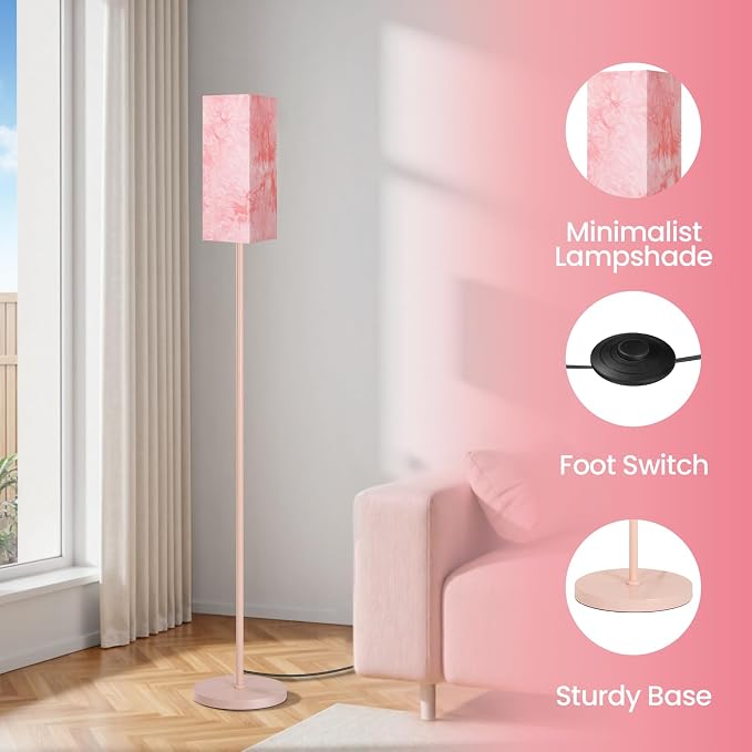 Floor Lamp, Pole Lamp with Foot Switch, Modern Standing Lamp Shade, Minimalist Freestanding Lamp (Bulb Not Included), for Living Room, Bedroom Office ETL Listed, Sakura Pink PCP07LD05