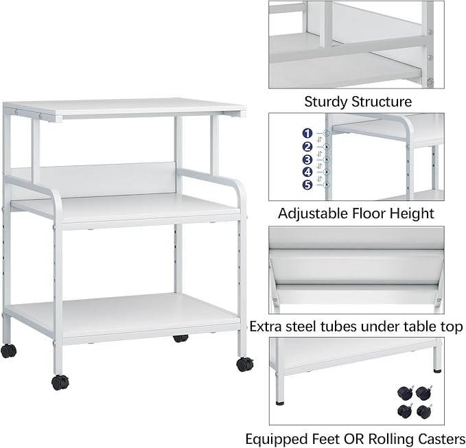 Arbuxzuy Large Printer Stand with Storage Shelf, 23.6" W x 18.9" D Printer Cart with Wheels, 3 Tier Mobile Printer Table for Home Office,Stands for Heat Press Scanner Fax (White)