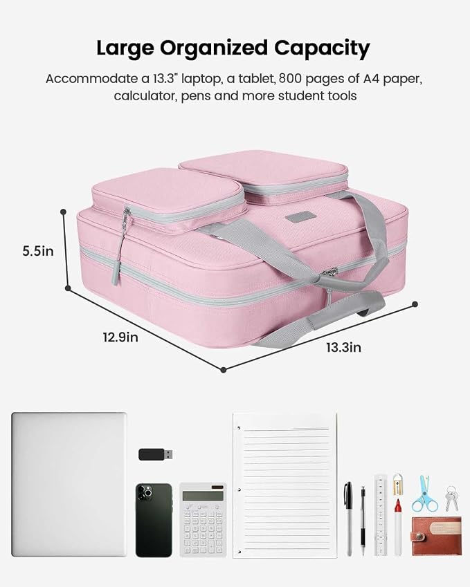4 Inch Zipper Binder 3 Ring with Shoulder Strap,Tough/Multi-Pocket | Binder Bag with Laptop organizer for School Travel,Fit 13" MacBook & Tablet,800 Sheets Capacity,Water Resistant,Pink