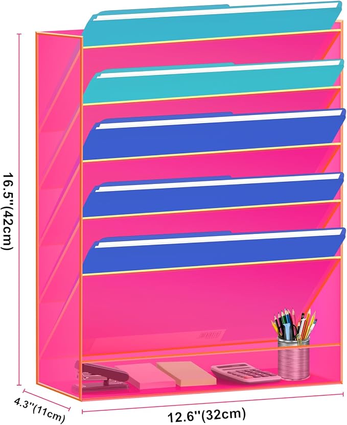 Gelite Hanging File Organizer Acrylic Wall File Holder for Office Vertical Paper Organizer Wall Mounted Magazine Rack, 5 Pockets, Neon Pink