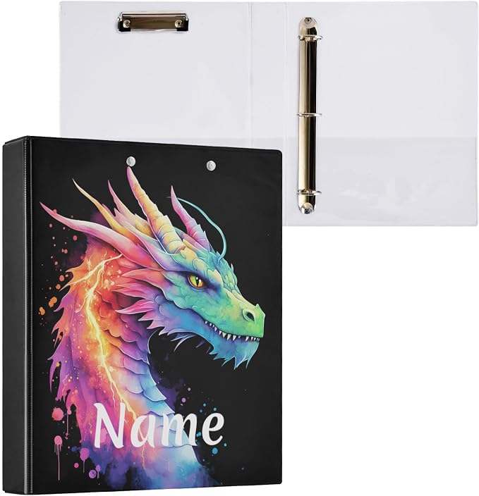 Custom 3 Ring Binder Lightning Dragon Watercolor 1.5" Round Ring Binders Personalized Name View Binder with 200 Sheet for Kids School Supplies Women Men Office, 1 Pack