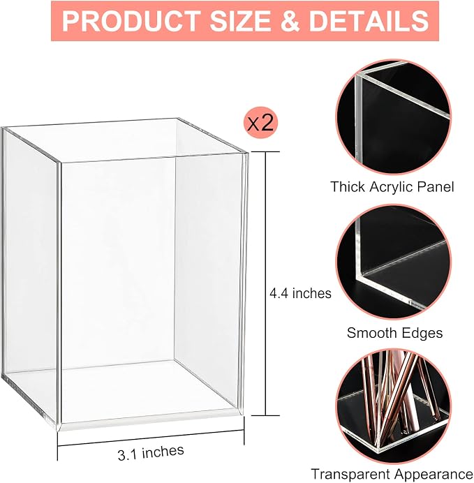 Mototo 2 Pieces Clear Acrylic Pen Holder & Pencil Cup Clear Makeup Bush Holder Acrylic Desktop Stationery Organizer for Office School Home Desk Accessories - 2 Pack, Square