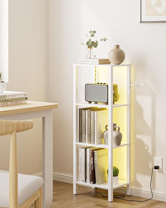 Open Book Shelf with LED Lights, 4 Tier Small Bookshelf, Narrow Freestanding Shelf Bookcase with Open Shelves, 14.96" x 10.63" x 41.26", Book Shelves for Living Room, Office, Study, White