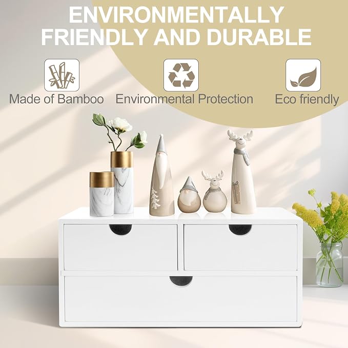 Charmewooden Bamboo Desk Organizer with 3 Drawers, Countertop Organizer with Drawers Makeup Storage Drawer 3 Drawer Tabletop Storage Organization Box Home Office Workspace（White）