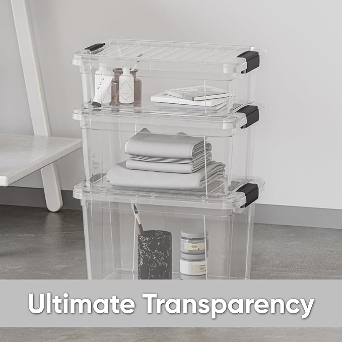 Superio Clear Storage Boxes with Lids, 26.5 Quart Plastic Container Bins for Organizing, Stackable Crates, BPA Free, Non Toxic, Odor Free, Organizers for Home, Office, School, and Dorm