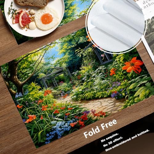 Batmerry Beautiful Garden Lush Plants Linen Placemats Set of 6, Serene Garden Scene Washable Table Mats for Kitchen Table Thickened Heat Insulation Dining Set Indoor Outdoor 12X18 in