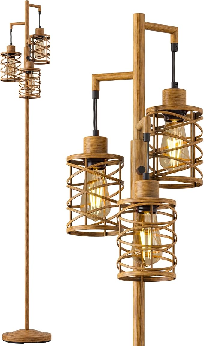 70" Industrial Floor Lamp, Stepless Dimmable Standing Lamp with 3 Bulbs, Farmhouse Corner Standing Tree Lamp for Living Room, Tall Lamps for Bedroom, Office, Study Room, Dining Room, Wood Grain