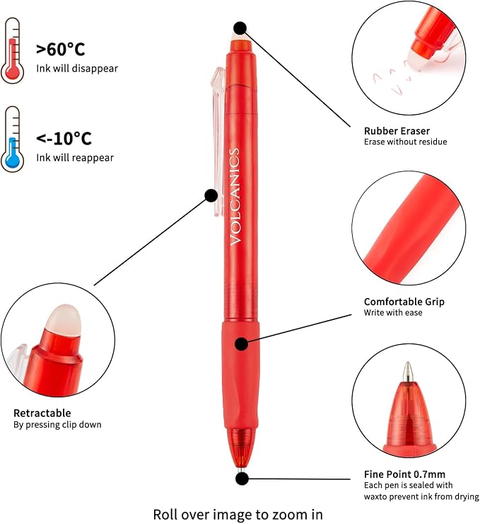 Volcanics Erasable Gel Pens Red Ink, 0.7MM,36 Pack Retractable Clicker Gel Ink Pen, Fine Point Smooth Writing for Office Work Journaling