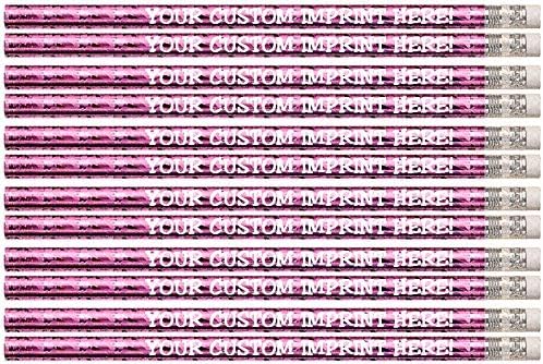 Express Pencils™ Personalized Custom Round Pencils - Glitz & Glitter Foil Theme -Printed w/your name/message/text or logo - Made in the USA - Personalization -Great gift idea- 12/Set (PINK PRISM)