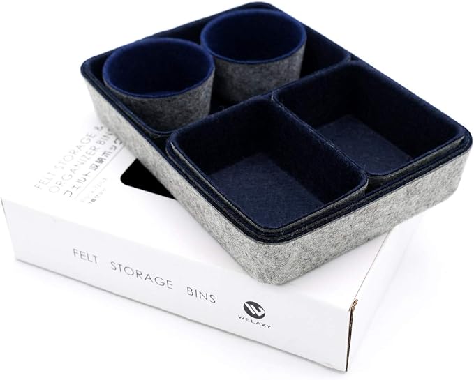 7 Piece Felt Desk Drawer Organizer Storage Bin Navy Catchall Tray | Sustainable material soft yet sturdy,multi-purpose storage, sleek minimalist lifestyle
