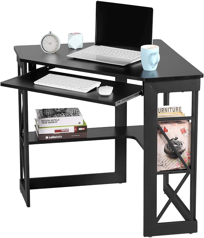VECELO Corner Desk Computer Desk Writing Table with Smooth Keyboard Tray & Storage Shelves,Compact Home Office Triangle Table,Black