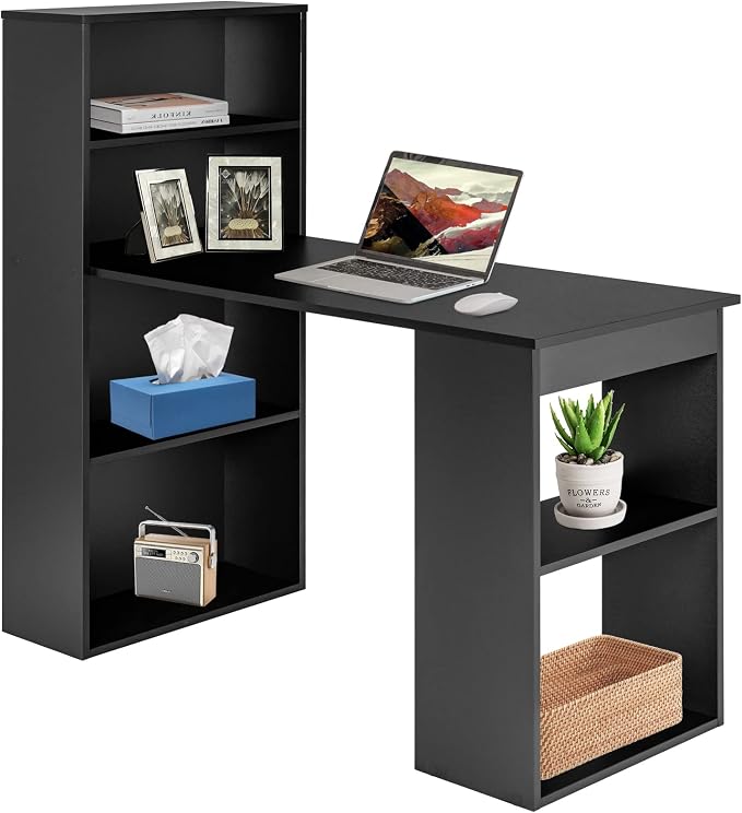 COSTWAY Computer Desk with Shelves, 48” Study Writing Desk with 6-Tier Storage Shelves, Reversible Study Workstation w/Wide Base for Home, Office & Dorm, Easy Assembly