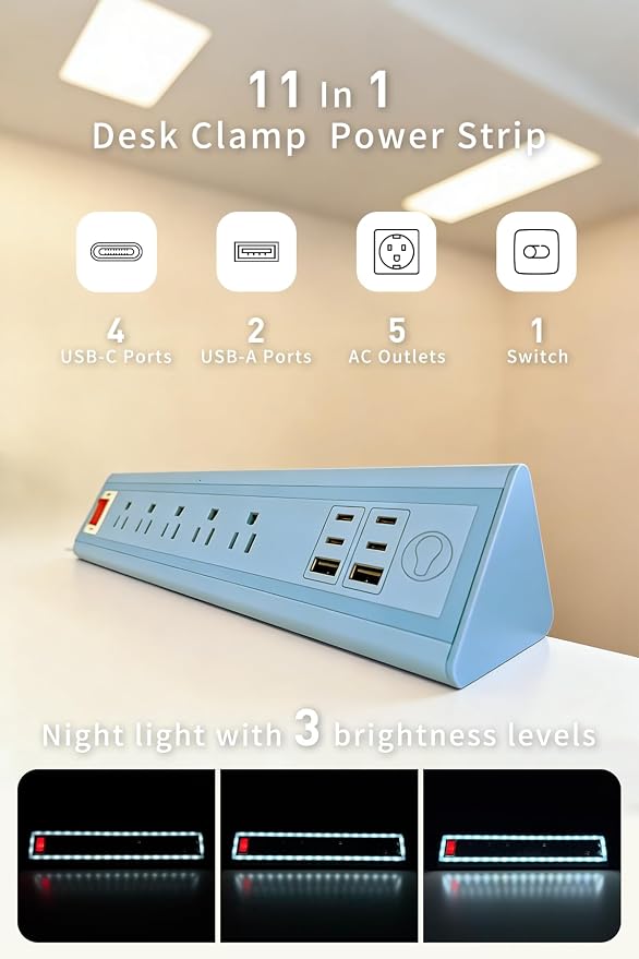 Desk Clamp Power Strip with Nightlight, 40W Fast Charging, 6FT Extension Cord, 4x20W USB-C & 2 USB Ports, 5 AC Outlets, Fits 1.69-Inch Table Edges