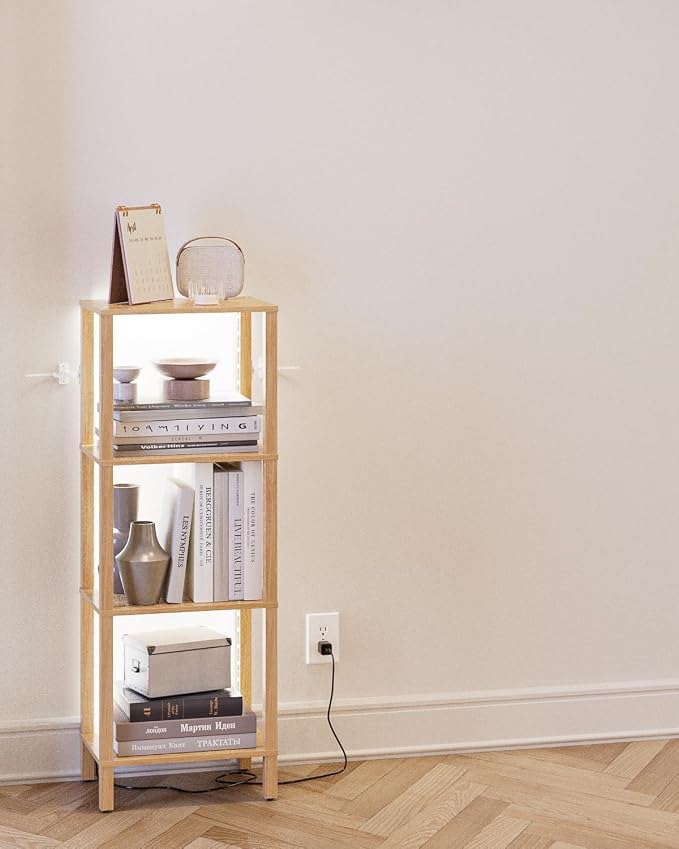Open Book Shelf with LED Lights, 4 Tier Small Bookshelf, Freestanding Shelf Narrow Bookcase with Open Shelves, 14.96" x 10.63" x 41.26", Book Shelves for Living Room, Office, Study, Oak