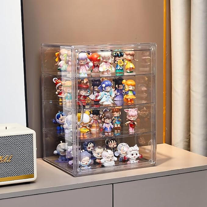 BOHOIDEE 4 Tiers Clear Acrylic Display Case for Closet, Purse Storage Organizers Box, Plastic Storage Bins with 3 Adjustable Divider and Magnetic Door