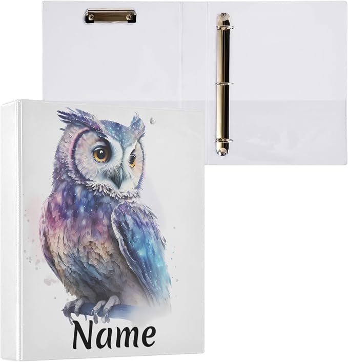 Custom 3 Ring Binder Owl Watercolor 1.5" Round Ring Binders Personalized Name View Binder with 200 Sheet for Women Men Office Kids School Supplies, 1 Pack