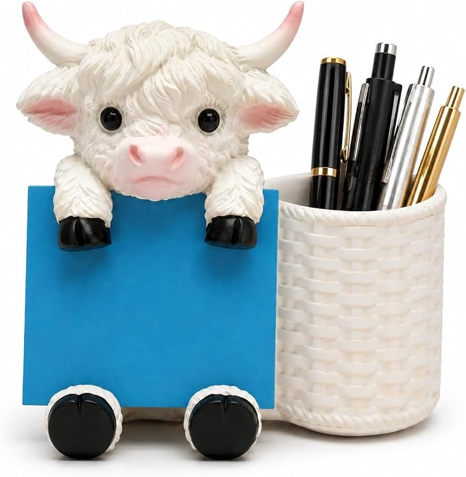 Highland Cow Note Pad Dispenser with Pen Cup, Desk Organizer | Cute highland cow note pad dispenser with pen cup, perfect for desks, offices, classrooms, and cow lover gifts.