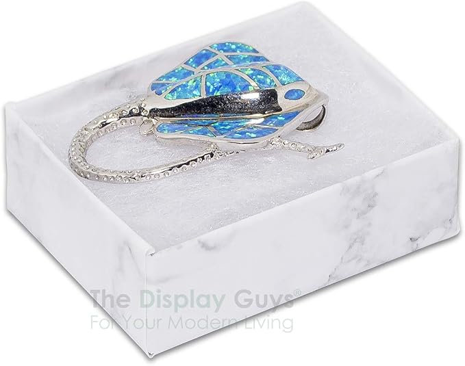 TheDisplayGuys 25 Cardboard Jewelry Gift Boxes with Inserts - Marble White | Size #11 - 2.1" x 1.8" x 0.8", Lids, Cotton Filled Padding, Kraft Paper, Bulk Pack Case, for Shipping, Organizers, Storage