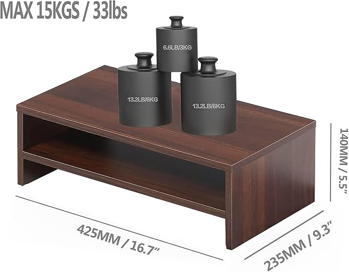 FITUEYES Wooden Monitor Stand Riser, 2-Tier Desk Storage Shelf, Brown | 16.7-Inch Desktop Organizer Fits Laptop, Computer Screen and Office Supplies